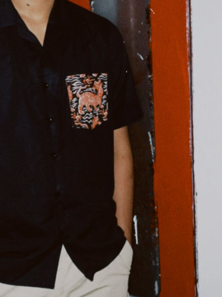 Cuban Collar Black Shirt with Handblock Printed Pocket