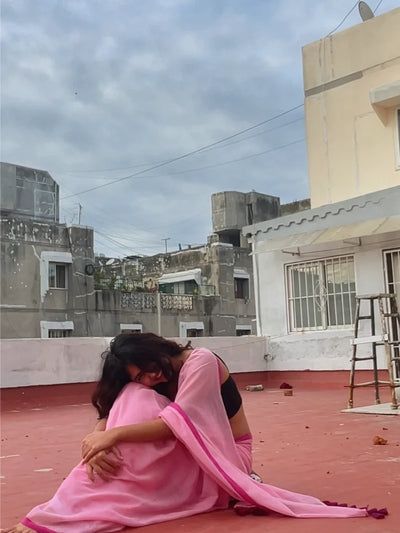 Anaya Pink Handwoven Mul Mul Cotton Saree with Magenta Pink Border