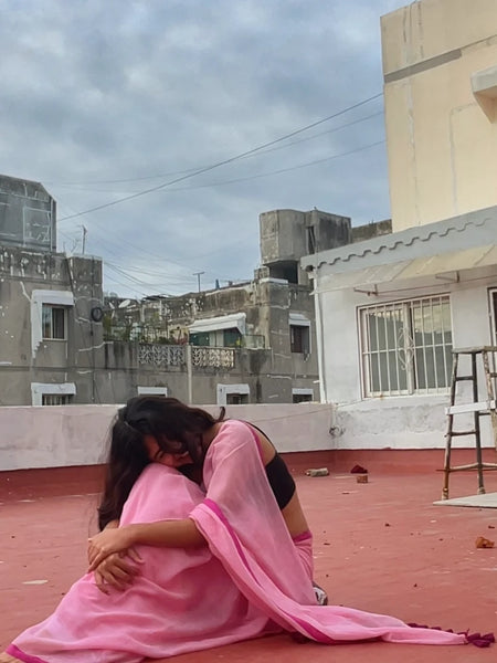 Anaya Pink Handwoven Mul Mul Cotton Saree with Magenta Pink Border