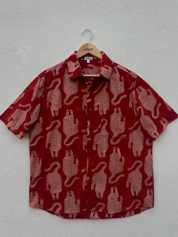 Red Tiger Motif Handblock Printed Shirt