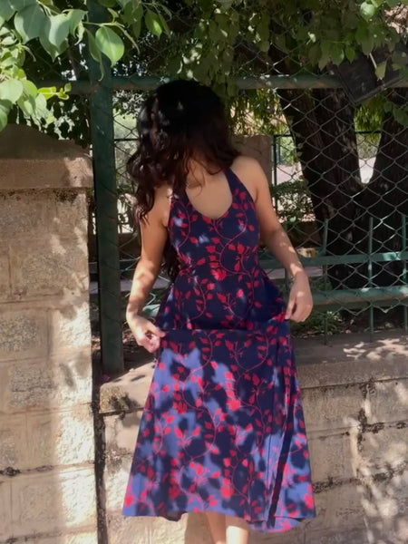 Iraaya Navy Blue Floral Handblock Printed Halter Neck Dress