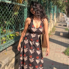 Vamika Red and Black Handblock Printed Halter Neck Dress