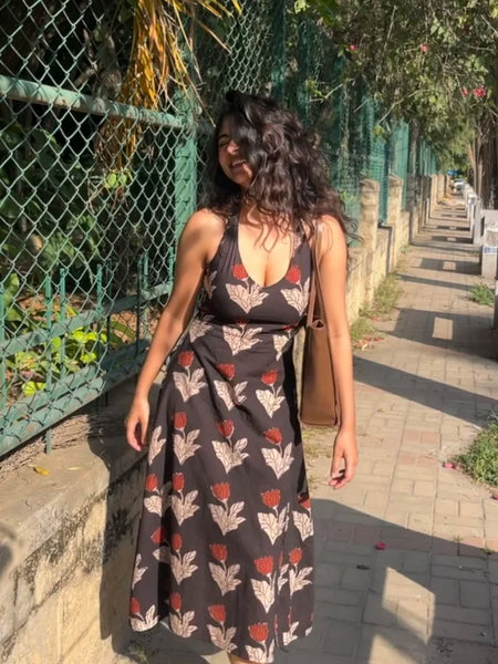 Vamika Red and Black Handblock Printed Halter Neck Dress