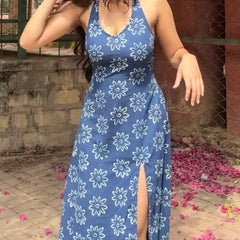 Aranya Blue and White Handblock Printed Halter Neck Dress