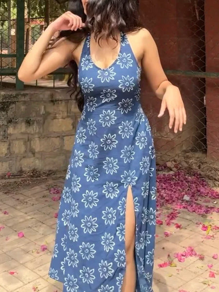 Aranya Blue and White Handblock Printed Halter Neck Dress