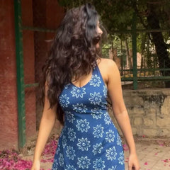 Aranya Blue and White Handblock Printed Halter Neck Dress