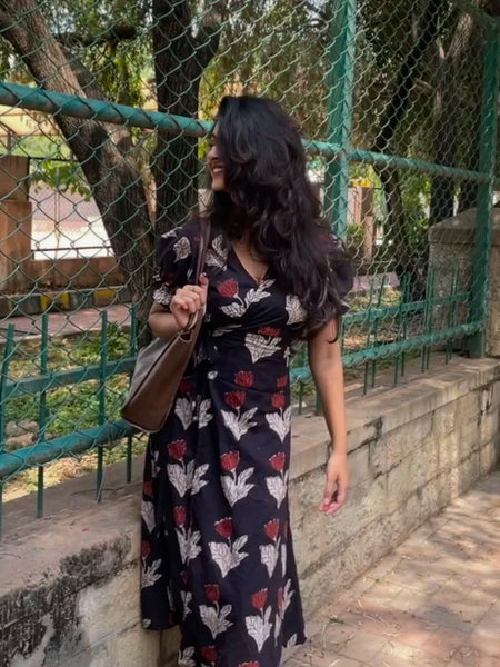 Vamika Red and Black Handblock Printed Wrap Dress