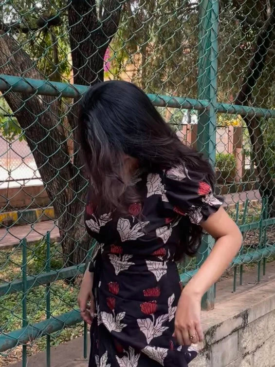 Vamika Red and Black Handblock Printed Wrap Dress