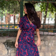 Iraaya Navy Blue Floral Handblock Printed Wrap Dress