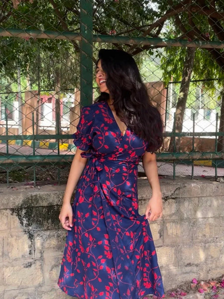 Iraaya Navy Blue Floral Handblock Printed Wrap Dress