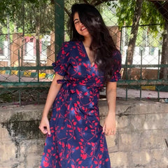 Iraaya Navy Blue Floral Handblock Printed Wrap Dress