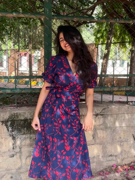 Iraaya Navy Blue Floral Handblock Printed Wrap Dress