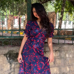 Iraaya Navy Blue Floral Handblock Printed Wrap Dress
