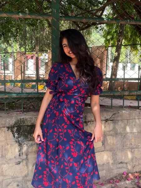 Iraaya Navy Blue Floral Handblock Printed Wrap Dress