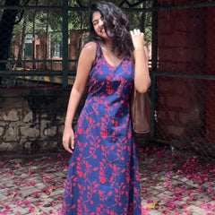 Iraaya Navy Blue Floral Handblock Printed Flowy Dress