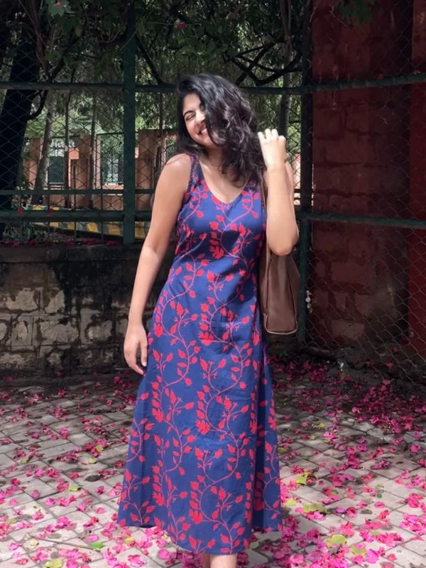 Iraaya Navy Blue Floral Handblock Printed Flowy Dress