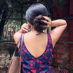 Iraaya Navy Blue Floral Handblock Printed Flowy Dress