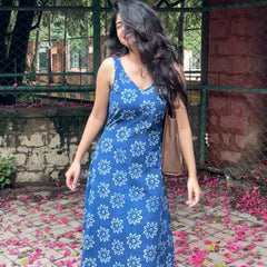 Aranya Blue and White Handblock Printed Flowy Dress