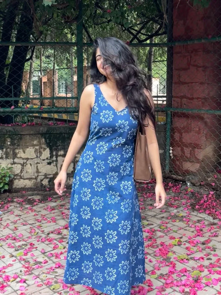 Aranya Blue and White Handblock Printed Flowy Dress