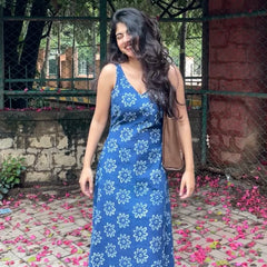 Aranya Blue and White Handblock Printed Flowy Dress
