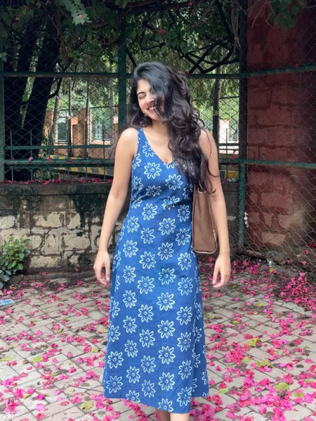 Aranya Blue and White Handblock Printed Flowy Dress