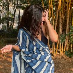 Indigo Stripped Daabu Hand Block Printed Mul Cotton Saree