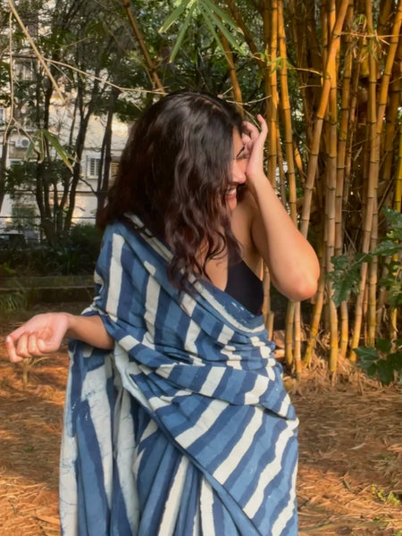Indigo Stripped Daabu Hand Block Printed Mul Cotton Saree
