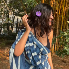 Indigo Stripped Daabu Hand Block Printed Mul Cotton Saree