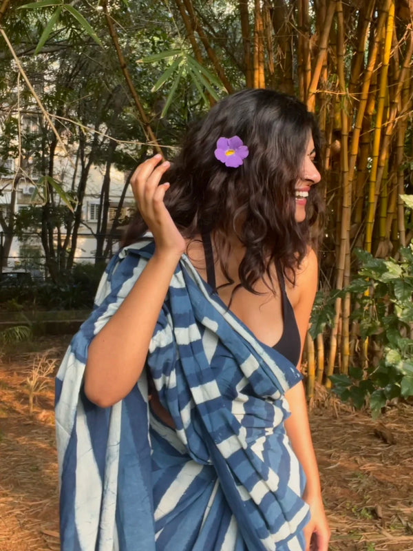 Indigo Stripped Daabu Hand Block Printed Mul Cotton Saree