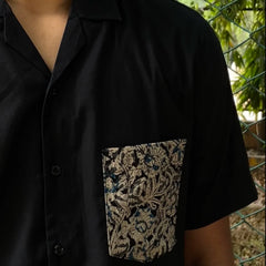 Cuban Collar Black Shirt with Kalamkari Pocket
