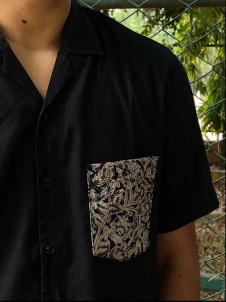 Cuban Collar Black Shirt with Kalamkari Pocket