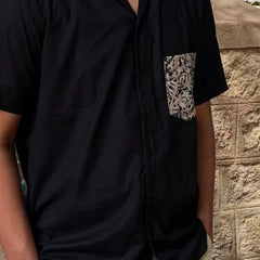 Cuban Collar Black Shirt with Kalamkari Pocket