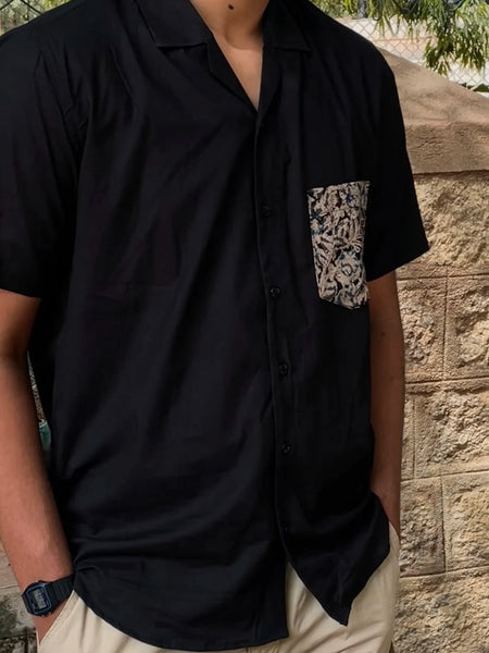 Cuban Collar Black Shirt with Kalamkari Pocket