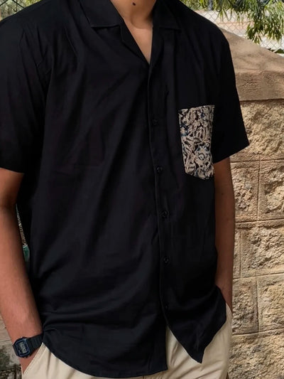 Cuban Collar Black Shirt with Kalamkari Pocket