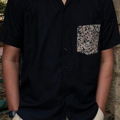 Cuban Collar Black Shirt with Kalamkari Pocket