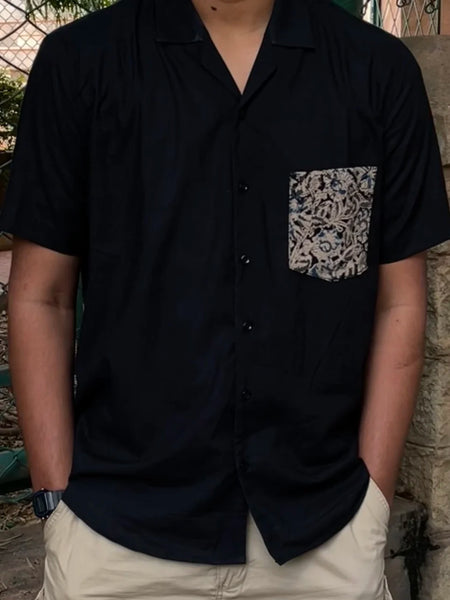 Cuban Collar Black Shirt with Kalamkari Pocket