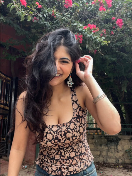 Raat ki Rani Hand Block Printed Closed Back Tie- Top
