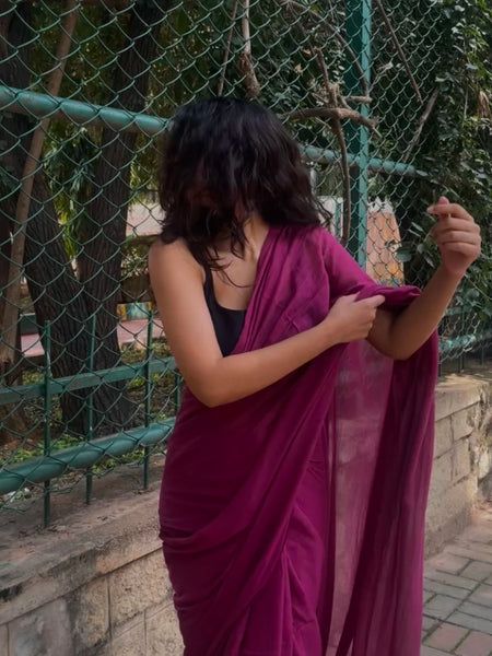 Mulberry Wine Handwoven Mul Mul Cotton Saree