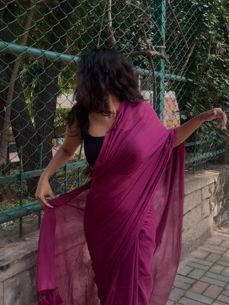 Mulberry Wine Handwoven Mul Mul Cotton Saree