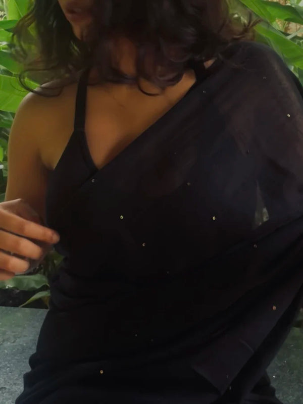 Tara Black Sequins Handwoven Mul Mul Cotton Saree