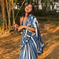 Indigo Stripped Daabu Hand Block Printed Mul Cotton Saree
