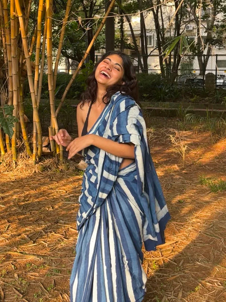 Indigo Stripped Daabu Hand Block Printed Mul Cotton Saree