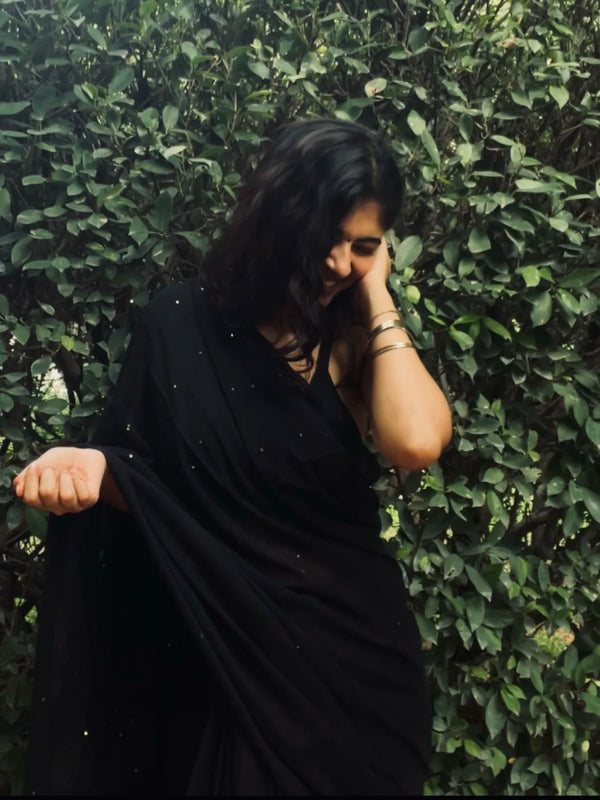 Tara Black Sequins Handwoven Mul Mul Cotton Saree